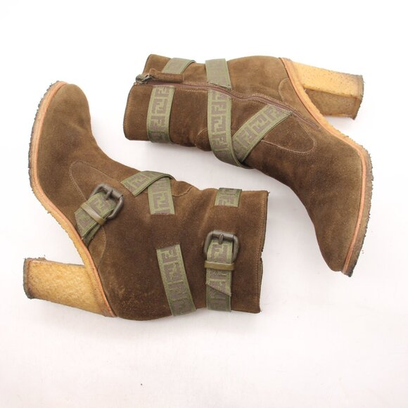 Fendi Heeled Boots Olive Green Suede Women's Size EU 38 Crepe Sole - Picture 8 of 9